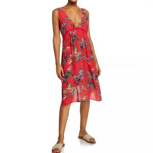 Johnny Was Red Floral V-Neck Sleeveless Dress